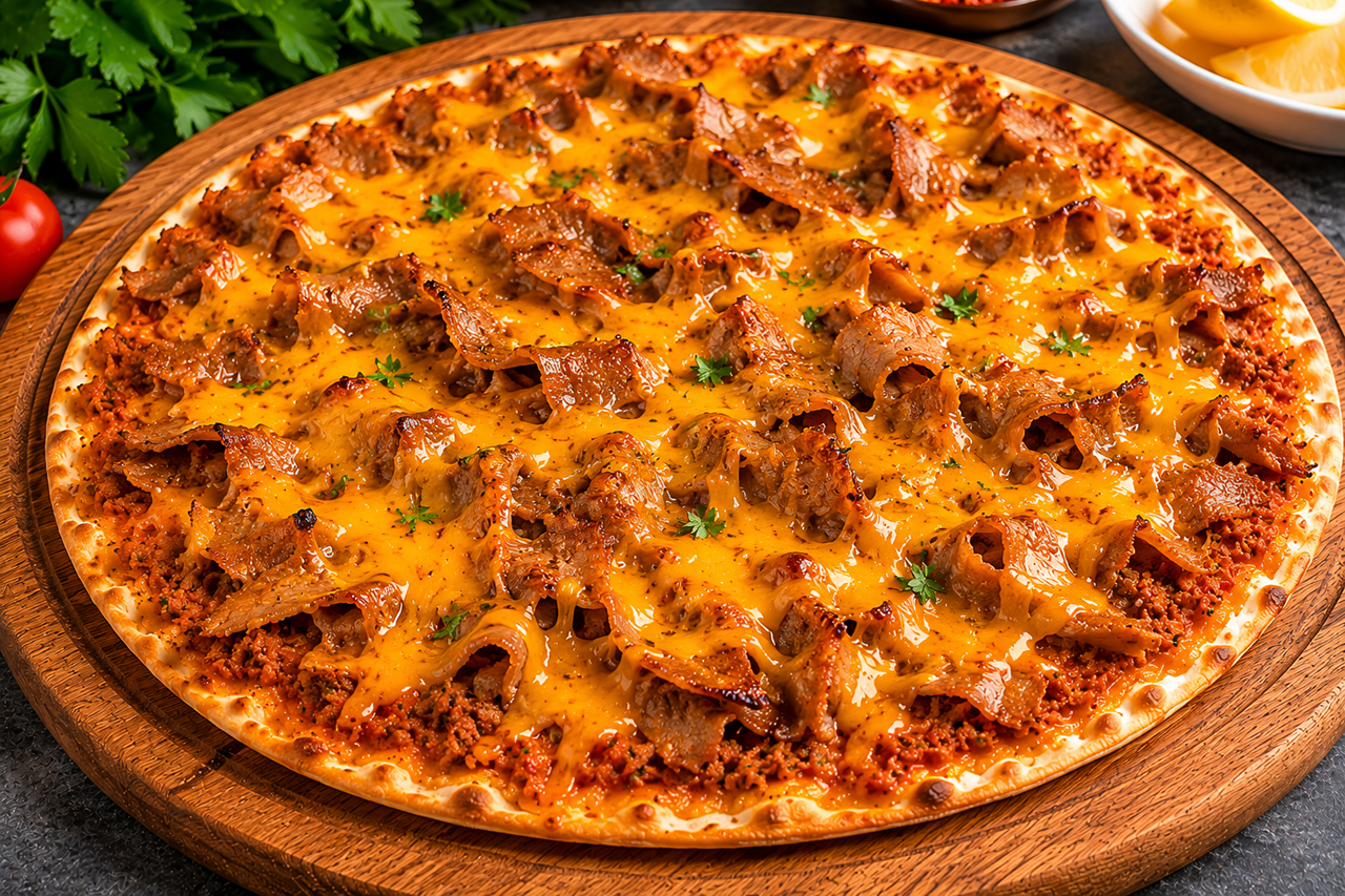 Lahmacun met cheddar kaas en döner