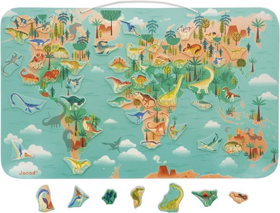 Janod GROTE Houten Dinosaurus Wereldkaart puzzel hout 7+