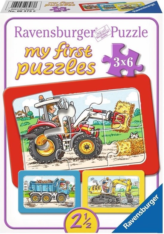 Graafmschine, Tractor & Kiepauto 3in1 puzzel 3x6stukjes 2½+ 