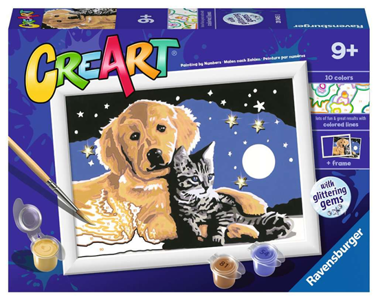 CreArt ravensburger Schilderen op Nummer Hond en Poes met Sterrenhemel met Glinsters & Lijst 9+ 