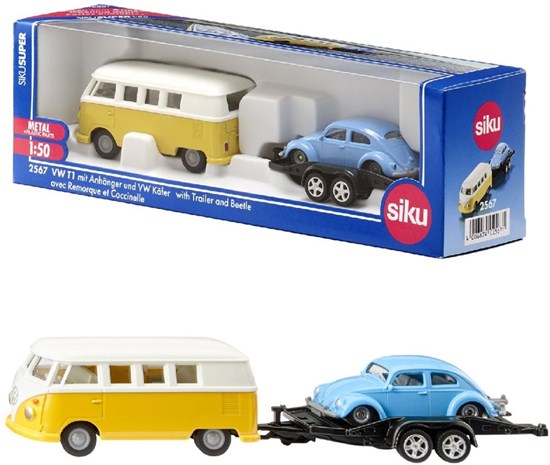 2567 Siku VW T1 Samba Bus met Transport Aanhanger met VW Kever schaal 1/50 