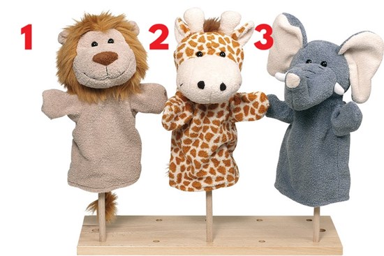 Handpop Pluche Jungledieren Giraf, Leeuw of Olifant  1+ 