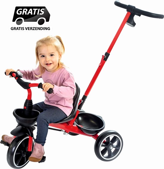 New Sports Driewieler met Bakje en Duwstang Rood/Zwart 2+
