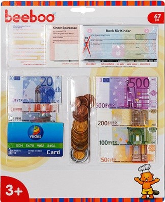 Spielmaus Euro Speelgeld op kaart met Munten en Cheques circa 67dlg 3+