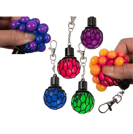 Squeeze Bal in Net met Sleutelhanger assorti kleuren 