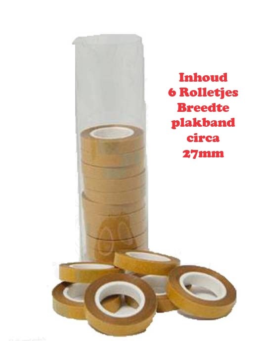 Koker met 6 Rolletjes Plakband Breedte circa 27mm 