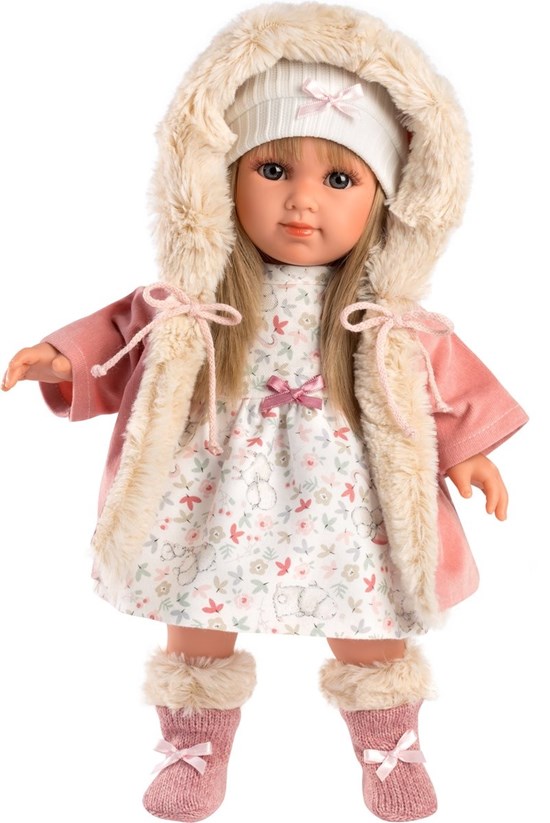 Llorens pop Elena met Blond Steil Haar en Roze Jas 35cm 