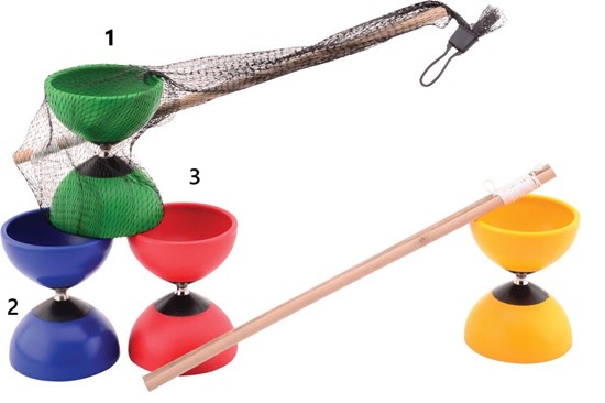 Diabolo met Houten Stokjes en Metalen As ass.kleuren 4+