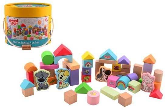 Woezel& Pip Houten Blokken in Ton circa 50stuks 12maanden+