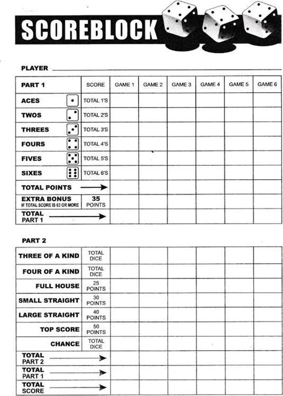 YAHTZEE SCOREBLOC los