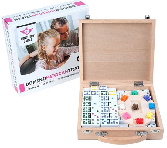 Mexican Train Dubbel 12 in Houten Koffer 2-6 Spelers 6+ 