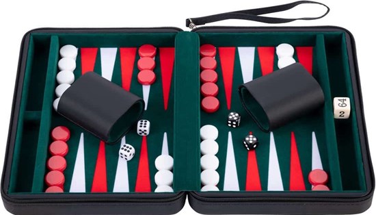 Backgammon set 9" Groen/rood/Wit in Travelcassette 8+  