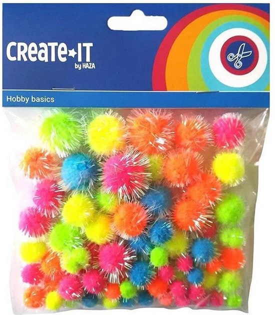 Create It Zakje met Gekleurde Glitter Pompons ass. Maten 