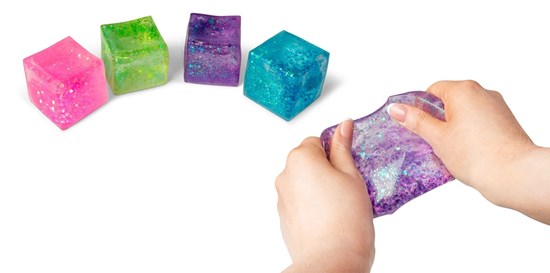 Sensory Squishy Glitter Kubus assorti Kleuren 3+