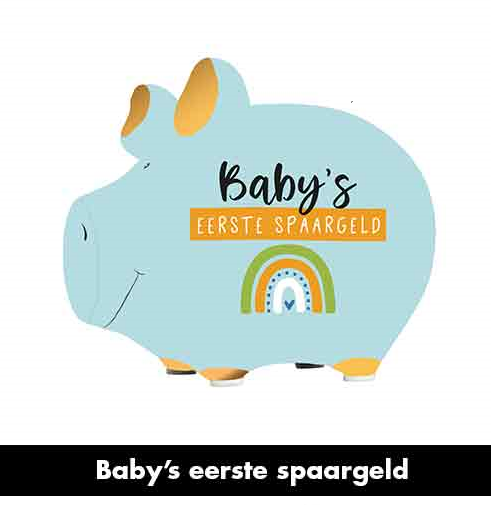 Aardewerk Spaarpot met tekst Baby's Eerste Spaargeld blauw