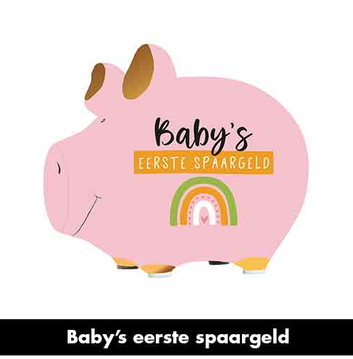 Aardewerk Spaarpot met tekst Baby's Eerste Spaargeld roze