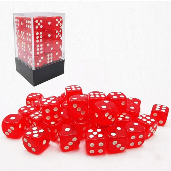 Translucent Dobbelstenen Rood 12mm 36stuks 